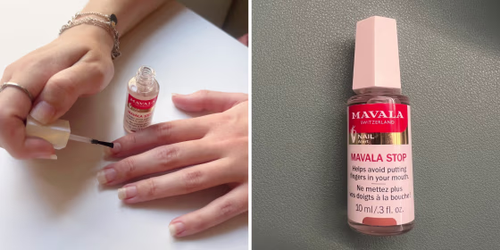 The Mavala Stop no-bite polish has denatonium benzoate, also known as the brand name Bitrex, that causes an intensely bitter taste.
