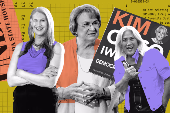 Photo collage of story subjects: Ashley Brundage, Lisa Middleton, and Kim Coco Iwamoto against yellow background with purple and orange overlays 
