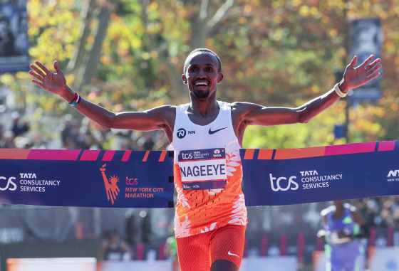 Abdi Nageeye crosses the marathon finish line