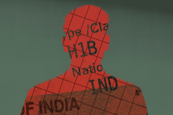 Photo illustration of a man's silhouette that reveals text that reads: "H1B Nationality IND"