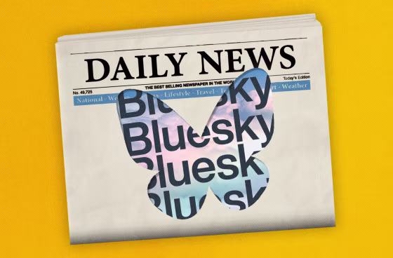 Photo Illustration: The front page of a newspaper with the outline of the Bluesky logo (a butterfly) cut out