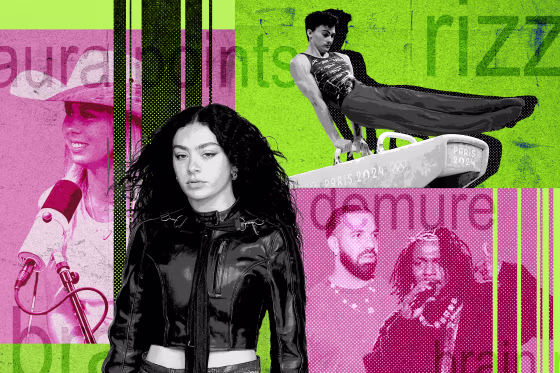 Photo collage in neon green, bright pink, and black with several figures: Charli XCX, Drake and Kendrick Lamar, Haliey Welch (also known as Hawk Tuah Girl), and Stephen Nedoroscik (also known as Pommel Horse Guy). The words "aura points," "rizz," "brat," "demure," and "brain rot" are overlaid across the image.