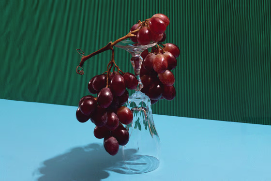 Still-life style photo of red grapes hanging over an overturned wine glass against a green and blue background 
