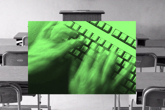 Photo collage: photo of hands typing on keyboard against a photograph of a classroom