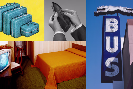 Photo Illustrations: Vintage images of suitcases, an empty wallet, a Greyhound bus station sign, and a motel with an orange bedspread