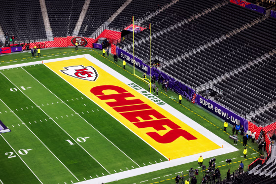 A close up view of the Kansas City Chiefs end zone, which says "Chiefs" in big red letter, and "End Racism" in green letters