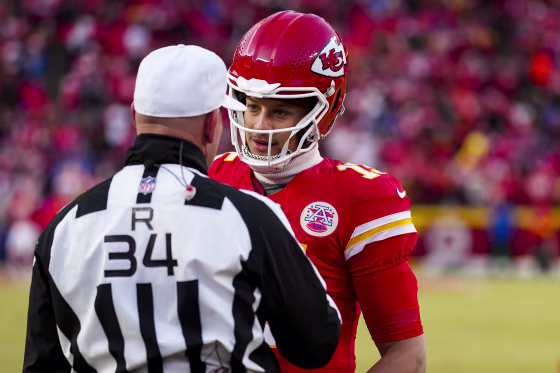 Kansas City Chiefs quarterback Patrick Mahomes talks with a referee 