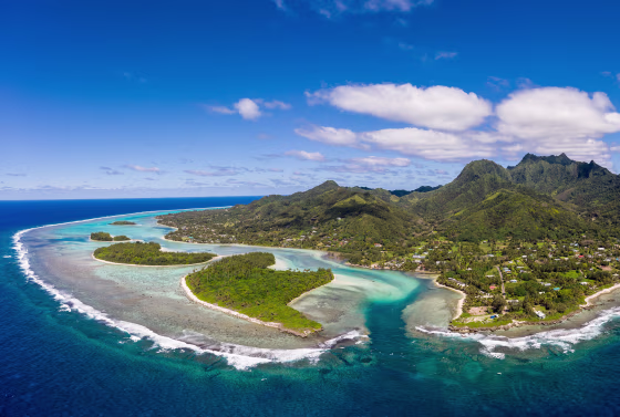 Stunning aerial view of the Muri beach and lagoon, in Rarotonga in the Cook island.