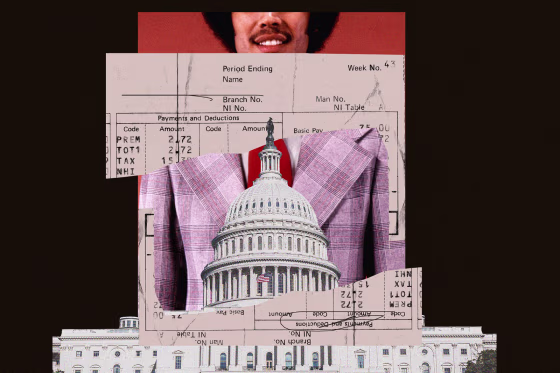 Photo collage of Black man in suit and tie alongside imagery of the Capitol and and old paystub