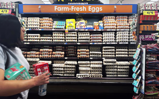 A shopper walks past an egg display on Feb. 10, 2025 in Monterey Park, California.