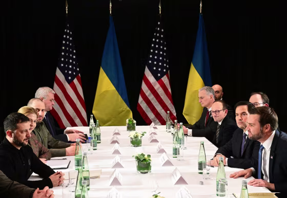 US Vice President JD Vance (R), US Secretary of State Marco Rubio (2nd R) and Ukrainian President Volodymyr Zelenskyy (L) meet on the sidelines of the 61st Munich Security Conference (MSC) in Munich, southern Germany on February 14, 2025.