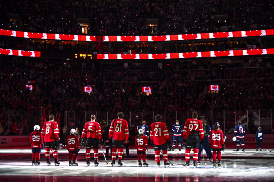 Team Canada stand at their blueline during pre-game ceremonies before the 4 Nations Face-Off Championship game