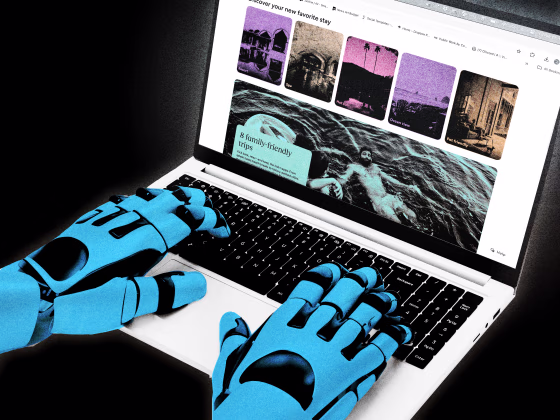 Photo Illustration: A robot, with its hands on a laptop, surfs a travel website