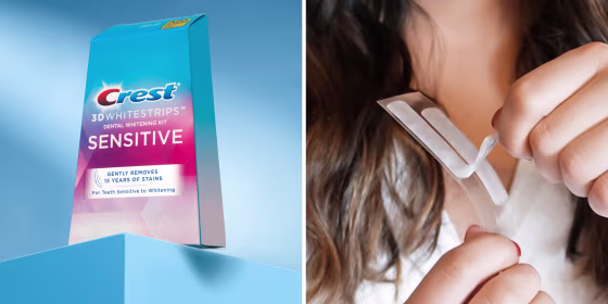 The Crest Whitening strips use enamel-safe hydrogen peroxide to white teeth, according to Crest.