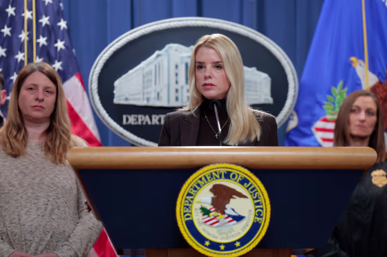 U.S. Attorney General Pam Bondi arrives to a news conference at the Department of Justice Building on Wednesday in Washington, D.C. Bondi held the news conference to announce charges against the state of New York for failure to enforce federal immigration laws.