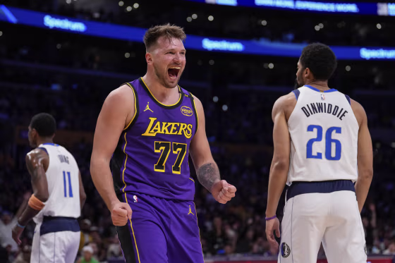 Los Angeles Lakers guard Luka Doncic reacts after drawing a foul in the first half of his team's win against the Dallas Mavericks.