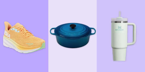 a photo of the orange Hoka sneaker, blue creuset, and green Stanley tumbler on a purple background