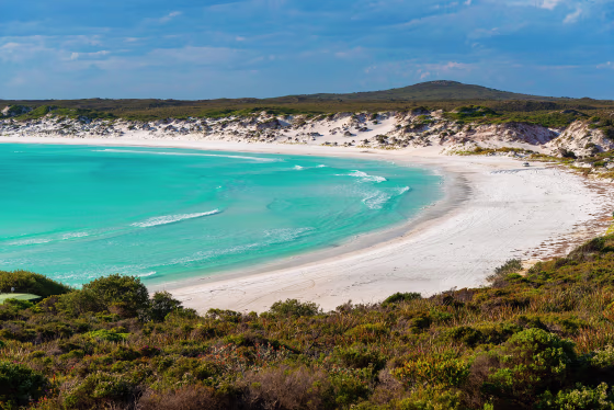 Stunning panorama of Wharton Beach, one of the most beautiful beaches in Australia, in the rural Cape Le Grand National Park, South Western Australia