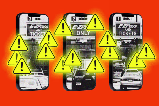 Illustration of phones screens showing E-ZPass signs at a toll crossing with cars waiting to enter, and bright "warning symbols" with exclamation points layered across the phone screens.