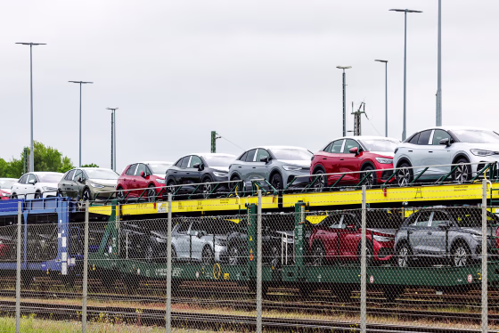 Volkswagens prepared for transport on May 24, 2023 in Zwickau, Germany.