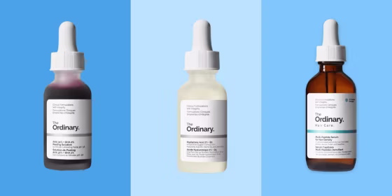 a photo of The Ordinary skin care brand on a blue background