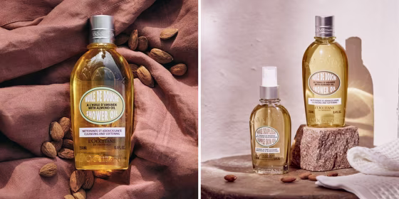 The shower gel smells like almonds and can be used when shaving.
