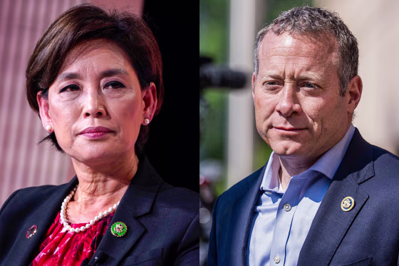 A split composite of Young Kim and Josh Gottheimer.