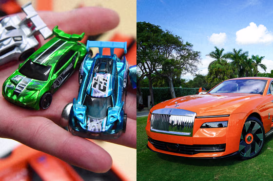 A split composite image of Hot Wheels cars, left, A Rolls Royce car.