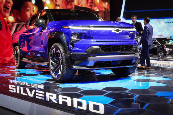 Electric Chevrolet Silverado shown at the New York Auto Show, April, 2022.