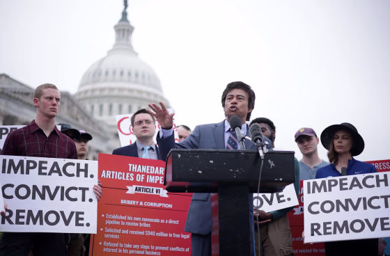 Rep. Shri Thanedar, D-Mich., speaks at a news conference to highlight his efforts to impeach President Donald Trump on May 14, 2025.