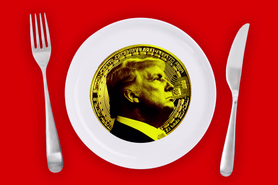 Photo Illustration: A "Trump Coin" on a dinner plate against a red background