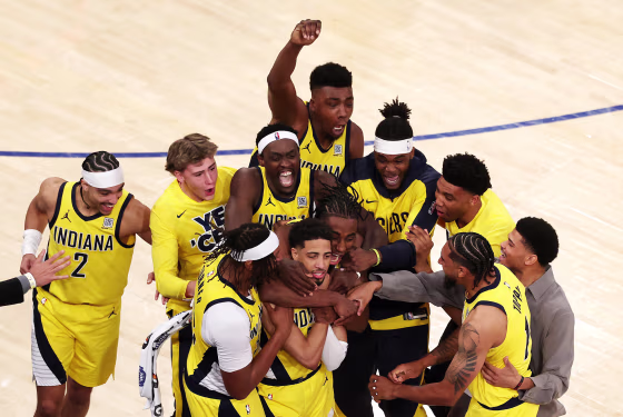 Indiana Pacers hugging Tyrese Haliburton