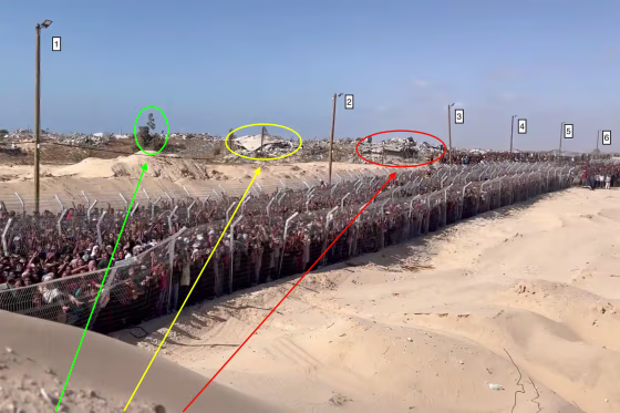 NBC News verified video from an aid distribution site in Rafah by comparing landmarks in the background, circled, with recent satellite imagery and drone video released by the Israel Defense Forces.