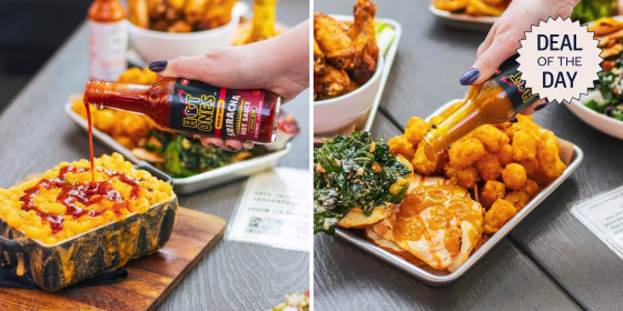 The set includes three 5-ounce glass bottles of hot sauce, each with varying levels of heat.

