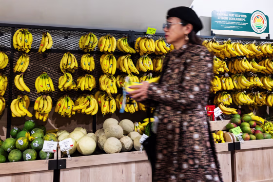 A shopper in front of a display of bananas.
