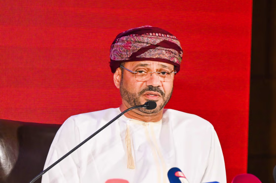 Omani Foreign Minister Sayyid Badr bin Hamad bin Hamood Albusaidi delivers a speech