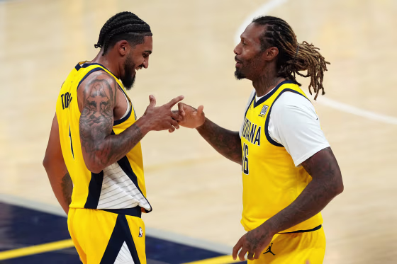 Image: James Johnson and Obi Toppin of the Indiana Pacers during Game 6 of the NBA Finals.