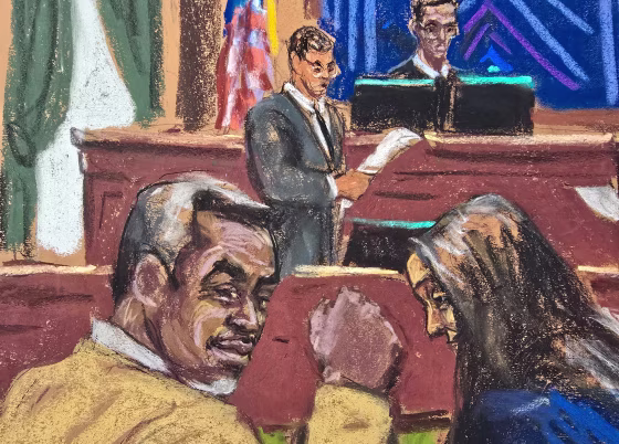 Sean "Diddy" Combs reacts as the courtroom deputy reads verdicts before U.S. District Judge Arun Subramanian during Combs' sex trafficking trial in New York on July 2.