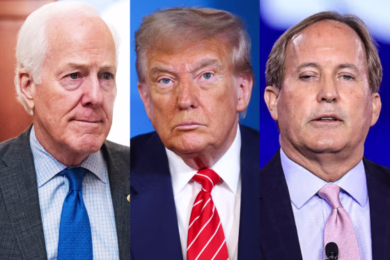 Side by side of John Cornyn, R-Texas; President Donald Trump; Texas Attorney General Ken Paxton.