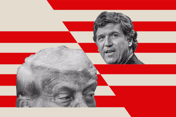 Tucker Carlson and Trump against competing red and white striped backgrounds.