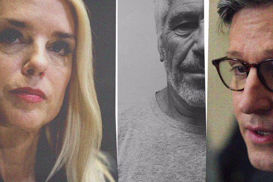 Photo collage of Pam Bondi, Jeffrey Epstein, and Mike Johnson