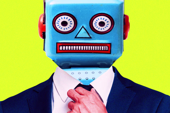 Robot wearing a suit and straightening tie.