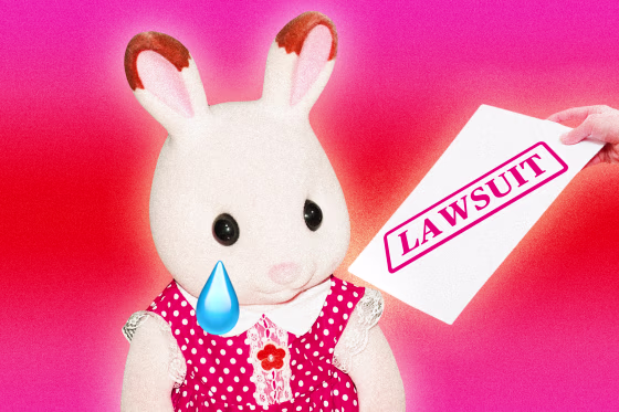 Sylvanian Family toy with an emoji tear being served lawsuit papers.