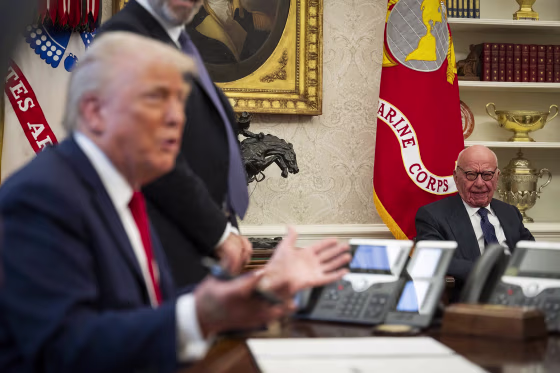 Media mogul Rupert Murdoch looks on as President Donald Trump speaks in the Oval Office on Feb. 3, 2025. 