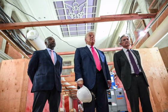 Image: President Donald Trump visits the Federal Reserve with Sen. Tim Scott, R-S.C., and Federal Reserve chair Jerome Powell