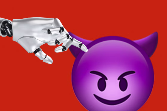Photo illustration of a robot hand pointing at a mischievous emoji against a red background 