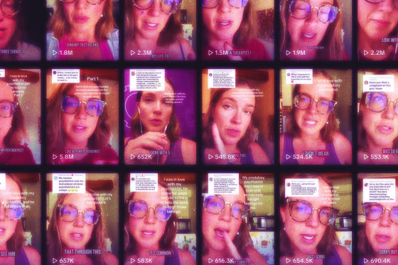 Screenshots of videos posted by TikTok user Kendra, who details falling in love with her psychiatrist in dozens of videos, racking up millions of views.