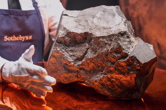 A gloved hand hovers near a rock on a table top