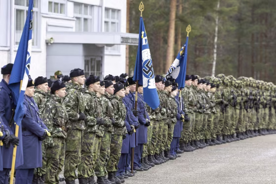 Image: Flags of Finnish Air Forces are seen during a parade in Jyvaskyla, Finland.