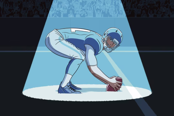 Illustration of a football player, sweating with a spotlight on him in a stadium of fans, about to snap a ball behind him,